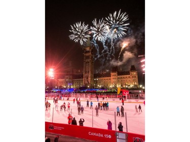 The annual holiday lighting ceremony on Parliament Hill included fireworks on Thursday, Dec. 7, 2017. Skaters on the ice for the first day of the Canada 150 Rink had the perfect spot to watch the show above.