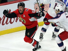 Senators winger Mark Stone celebrates after scorign what proved to be the winning goal in the third period of Friday's game against the Blue Jackets.