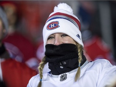 A Montreal Canadiens fan looks on before the NHL100 Classic.