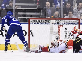 Toronto Maple Leafs centre William Nylander (29) scores on Calgary Flames goalie Mike Smith (41) during shootout NHL hockey action in Toronto on Wednesday, December 6, 2017.