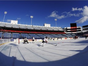 Canadian junior team players practice outdoors in Buffalo on Thursday.