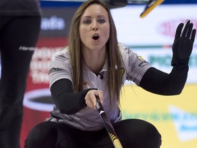 Team Homan skip Rachel Homan shouts to her front end against Casey Scheidegger on Dec. 6, 2017