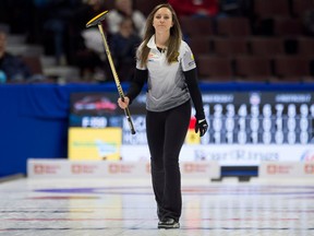 Skip Rachel Homan reacts as she scores in the the 10th end to win during Olympic curling trials action against Team McCarville on Dec. 4, 2017