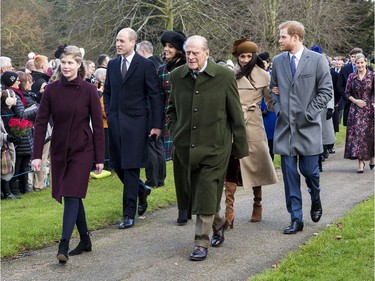 The British Royal family arrive at Sandringham to celebrate Christmas Day  Featuring: Duke of Edinburgh, Prince William, Duke of Cambridge, Catherine, Duchess of Cambridge, Prince Harry, Meghan Markle Where: Sandringham, United Kingdom When: 25 Dec 2017 Credit: Ward/WENN.com ORG XMIT: wenn33520352