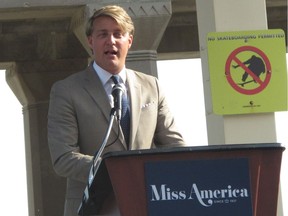 This Aug. 30, 2017 photo shows Josh Randle, president of the Miss America Organization, speaking at a welcoming ceremony for pageant contestants in Atlantic City N.J. On Saturday Dec. 23, 2017, Randle resigned from the organization in the wake of an email scandal in which top leaders of the group ridiculed former Miss Americas, including comments about their appearance, intellect and sex lives. The group's CEO was suspended on Friday.