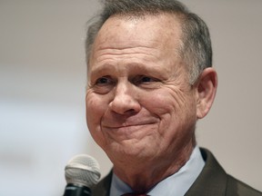 Roy Moore, a Republican from Alabama, pauses while speaking during an election night party in Montgomery, Alabama, U.S., on Tuesday, Dec. 12, 2017.