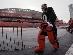 Ottawa Senators goalie Craig Anderson leaves the ice following practice at the outdoor rink ahead of the NHL 100 Classic Friday December 15, 2017 in Ottawa. The Ottawa Senators will play the Montreal Canadiens in the NHL 100 Classic outdoor hockey game.