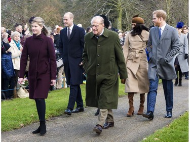 The British Royal family arrive at Sandringham to celebrate Christmas Day  Featuring: Duke of Edinburgh, Prince William, Duke of Cambridge, Catherine, Duchess of Cambridge, Prince Harry, Meghan Markle Where: Sandringham, United Kingdom When: 25 Dec 2017 Credit: Ward/WENN.com ORG XMIT: wenn33520353