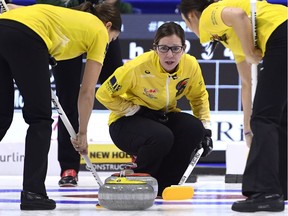 Team McCarville skip Krista McCarville makes a shot during a draw against Team Englot at the 2017 Roar of the Rings Canadian Olympic Curling Trials in Ottawa on Saturday, Dec. 2, 2017.