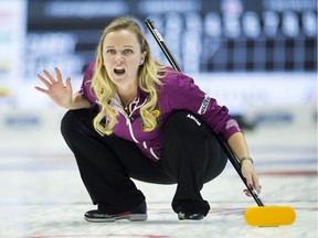 Skip Chelsea Carey of Calgary calls to teammates during Olympic curling trials action Tuesday morning in Ottawa.