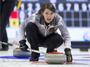 Casey Scheidegger of Lethbridge, Alta.,  reacts to an approaching shot during Olympic curling trials action on Tuesday in Ottawa.