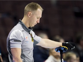 Skip Brad Jacobs is seen after throwing his first shot in the eighth end of Thursday's game against Reid Carruthers' foursome from WInnipeg. Jacobs and his teammates from Sault Ste. Marie lost 9-5.