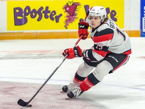 Ottawa 67's forward Sam Bitten stickhandles up the ice against the Barrie Colts at Ottawa on Saturday, Dec. 2, 2017.