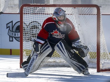 The 19th annual Bell Capital Cup officially got underway at the Canada 150 hockey rink on Parliament Hill in Ottawa Wednesday Dec 27, 2017. The Brampton Canadettes (white and blue) and the Kanata Rangers girls Pee-Wee AA made it through the first period of the 10:10 a.m. game Wednesday before it was called off due to poor ice conditions as a result from the weather being too cold. Kanata Rangers goalie watches the puck during first period play Wednesday.    Tony Caldwell