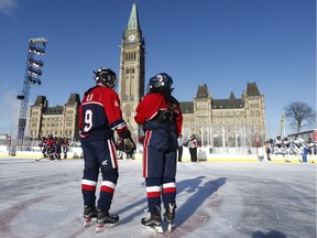 The 19th annual Bell Capital Cup officially got underway at the Canada 150 hockey rink on Parliament Hill in Ottawa Wednesday Dec 27, 2017. The Brampton Canadettes (white and blue) and the Kanata Rangers girls Pee-Wee AA made it through the first period of the 10:10 a.m. game Wednesday before it was called off due to poor ice conditions as a result from the weather being too cold. A few kanata Rangers take in the view Wednesday.    Tony Caldwell