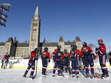 The 19th annual Bell Capital Cup officially got underway at the Canada 150 hockey rink on Parliament Hill in Ottawa Wednesday Dec 27, 2017. The Brampton Canadettes (white and blue) and the Kanata Rangers girls Pee-Wee AA made it through the first period of the 10:10 a.m. game Wednesday before it was called off due to poor ice conditions as a result from the weather being too cold. The Kanata Rangers Girls Pee-Wee AA  skate around to keep warm Wednesday.    Tony Caldwell