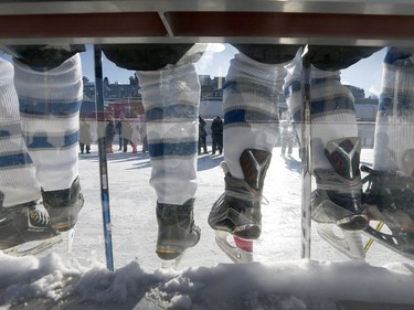 The 19th annual Bell Capital Cup officially got underway at the Canada 150 hockey rink on Parliament Hill in Ottawa Wednesday Dec 27, 2017. The Brampton Canadettes (white and blue) and the Kanata Rangers girls Pee-Wee AA made it through the first period of the 10:10 a.m. game Wednesday before it was called off due to poor ice conditions as a result from the weather being too cold. The Brampton Canadettes wait to see if the game will continue Wednesday.    Tony Caldwell