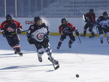 The 19th annual Bell Capital Cup officially got underway at the Canada 150 hockey rink on Parliament Hill in Ottawa Wednesday Dec 27, 2017. The Brampton Canadettes (white and blue) and the Kanata Rangers girls Pee-Wee AA made it through the first period of the 10:10 a.m. game Wednesday before it was called off due to poor ice conditions as a result from the weather being too cold.    Tony Caldwell