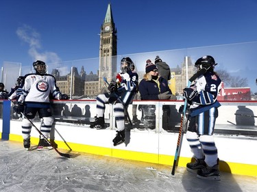 The 19th annual Bell Capital Cup officially got underway at the Canada 150 hockey rink on Parliament Hill in Ottawa Wednesday Dec 27, 2017. The Brampton Canadettes (white and blue) and the Kanata Rangers girls Pee-Wee AA made it through the first period of the 10:10 a.m. game Wednesday before it was called off due to poor ice conditions as a result from the weather being too cold. The Brampton Canadettes wait to see if the game will continue Wednesday.    Tony Caldwell