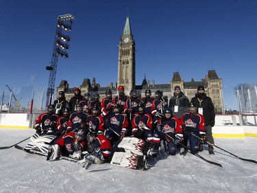 The 19th annual Bell Capital Cup officially got underway at the Canada 150 hockey rink on Parliament Hill in Ottawa Wednesday Dec 27, 2017. The Brampton Canadettes (white and blue) and the Kanata Rangers girls Pee-Wee AA made it through the first period of the 10:10 a.m. game Wednesday before it was called off due to poor ice conditions as a result from the weather being too cold. The Kanata Rangers get their team photo taken after the second and third period was canceled Wednesday.    Tony Caldwell