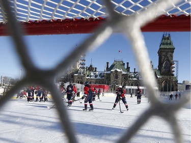The 19th annual Bell Capital Cup officially got underway at the Canada 150 hockey rink on Parliament Hill in Ottawa Wednesday Dec 27, 2017. The Brampton Canadettes (white and blue) and the Kanata Rangers girls Pee-Wee AA made it through the first period of the 10:10 a.m. game Wednesday before it was called off due to poor ice conditions as a result from the weather being too cold. The Kanata Rangers warm up Wednesday.    Tony Caldwell
