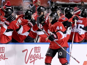 Jean-Gabriel Pageau celebrates his second-period goal with the bench during the NHL100 Classic on Saturday, Dec. 16, 2017.