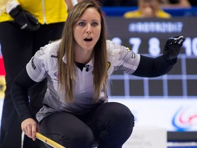 Skip Rachel Homan, of Ottawa, watches a shot approach the house during the Olympic curling trials on Dec. 4, 2017