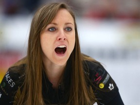 Rachel Homan calls the shot as she plays against Kerri Einarson's rink during the Champions Cup at Winsport in Calgary on April 27, 2017