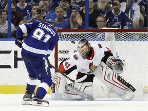 Tampa Bay Lightning center Steven Stamkos (91) fires the puck past Ottawa Senators goalie Craig Anderson (41) for a shootout goal during an NHL hockey game Thursday, Dec. 21, 2017, in Tampa, Fla. The Lightning won the game 4-3.