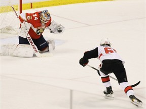 Florida Panthers goalie James Reimer makes a save against Ottawa Senators' Erik Karlsson.