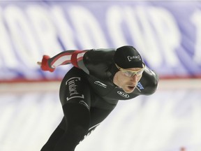 Ted-Jan Bloemen of Canada skates to second place in the men's 5.000-metre competition at the ISU World Cup Speedskating in Calgary on Friday.