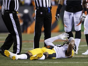 Pittsburgh Steelers inside linebacker Ryan Shazier lies on the field after an apparent injury in the first half of an NFL football game against the Cincinnati Bengals, Monday, Dec. 4, 2017, in Cincinnati.