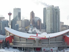 The snow-covered roof of the Scotiabank Saddledome is shown in Calgary on March 10.
