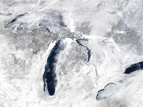 File photo of a NASA satellite image showing a majority of the Great Lakes frozen over.