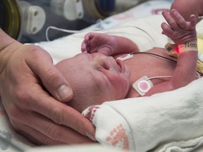 In this undated photo provided by Baylor University Medical Center the first baby born as a result of a womb transplant in the United States lies in the neonatal unit at Baylor University Medical Center in Dallas.