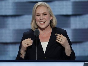 FILE - In this July 25, 2016, file photo, Sen. Kirsten Gillibrand, D-NY., speaks at the Democratic National Convention in Philadelphia. Gillibrand got a fight she wants after President Donald Trump attacked her in a provocative tweet that claimed she'd begged him for campaign contributions and would "do anything" for them. Gillibrand, is up for re-election next year and is considered a possible presidential contender in 2020. She's been a leading voice in the national debate over how to confront sexual assault and harassment.