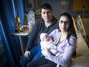 Tia Mirna Rabaa was the first baby born in Ottawa January 1, 2018, to parents Mirna Aloula and her father Anthony Rabaa.   Ashley Fraser/Postmedia