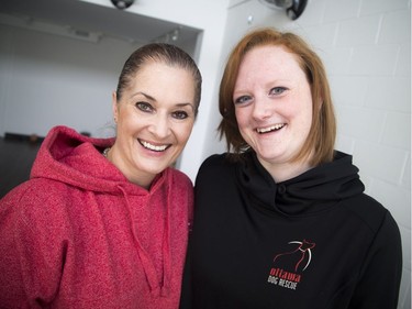 Ottawa's first puppy yoga class took place Saturday, Jan. 6, 2018 at Inner Soul Yoga and Cycle, a fundraiser for Ottawa Dog Rescue. Andrea Valois, left, the president and co-founder of the Ottawa Dog Rescue, and Cassandra Poulin, a volunteer with the organization, were on hand.