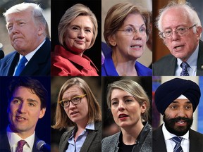 The older and the younger: Top, left to right: Donald Trump, Hillary Clinton, Elizabeth Warren, Bernie Sanders; bottom: Justin Trudeau, Karina Gould, Mélanie Joly, Navdeep Bains.