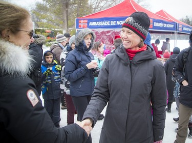 Norway's ambassador to Canada, Anne Kari Hansen Ovind, greets the Governor General on Saturday afternoon.