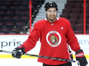 Mark Stone, who's been on a bit of a scoring streak in the last couple of games as the Ottawa Senators practice at Canadian Tire centre Tuesday (Jan. 9, 2017) in advance of their matchup against Chicago tonight at home. Julie Oliver/Postmedia