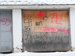 Hate graffiti on Wesboro-area garage in Ottawa, January 18, 2018.