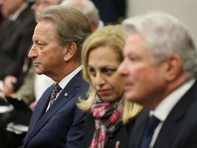 Eugene Melnyk, left, and John Ruddy, right, of RendezVous LeBreton listen to the NCC board of directors meeting in Ottawa on Thursday, Jan. 25, 2018.