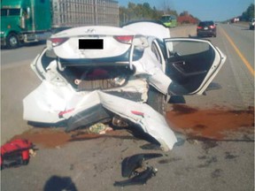 A 78-year-old man suffered serious injuries when this Hyundai was struck by an OPP cruiser in 2016.