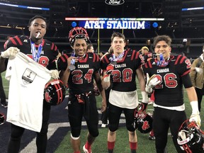 Canada's under-18 football team members celebrating after Wednesday's victory in the International Bowl in Arlington, Texas, include, left to right, Aidan John of Halifax, Adre Simmonds (24) of Westphal, N.S., Kamryn Matheson (20) of Truro, N.S.; and Riley Gabriel of North River, N.S. Football Canada photo