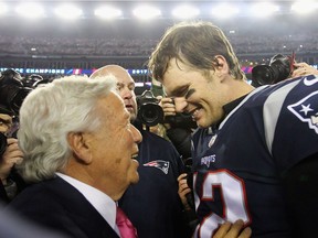 Tom Brady #12 of the New England Patriots celebrates with owner Robert Kraft after winning the AFC Championship Game against the Jacksonville Jaguars at Gillette Stadium on January 21, 2018 in Foxborough, Massachusetts.