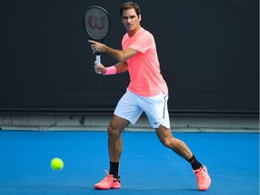 Roger Federer of Switzerland  takes part in a training session, ahead of his men's singles final match on day 13 of the 2018 Australian Open at Melbourne Park on January 27, 2018 in Melbourne, Australia.