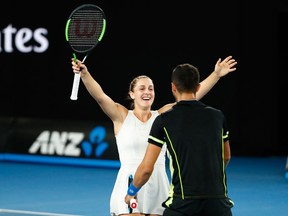 Gabriela Dabrowski of Ottawa and Mate Pavic of Croatia celebrate after winning the mixed doubles final against Rohan Bopanna of India and Timea Babos of Hungary on Day 14 of the 2018 Australian Open at Melbourne Park on January 28, 2018 in Melbourne, Australia.