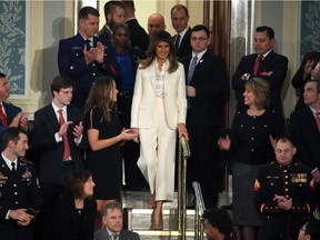 First lady Melania Trump arrives for the State of the Union address in the chamber of the U.S. House of Representatives January 30, 2018 in Washington, DC. This is the first State of the Union address given by U.S. President Donald Trump and his second joint-session address to Congress.