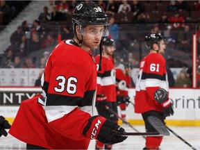 Belleville Senators coach Kurt Kleinendorst says forward Colin White, seen here before Ottawa's home game against Tampa Bay on Jan. 6, would be best served by playing where he would receive significant ice time for development purposes.